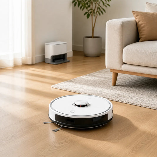 AI robot vacuum and mop cleaning a modern living room with smart navigation and an automatic charging dock