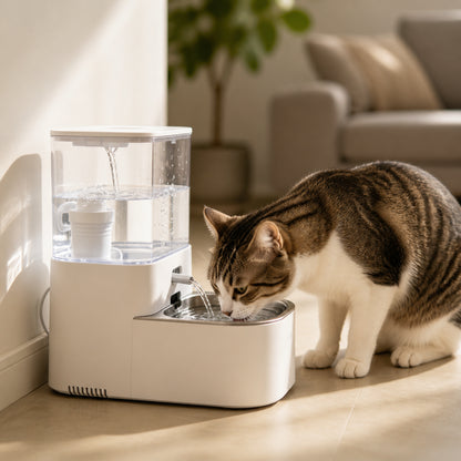 AI smart pet water fountain, circulating filtered water, automatic water dispenser for dogs and cats