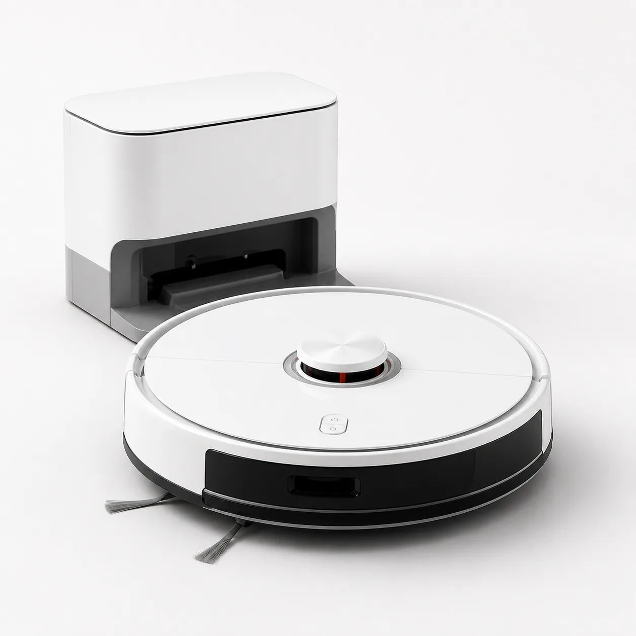 White AI robot vacuum and mop with compact automatic charging dock on a clean studio background