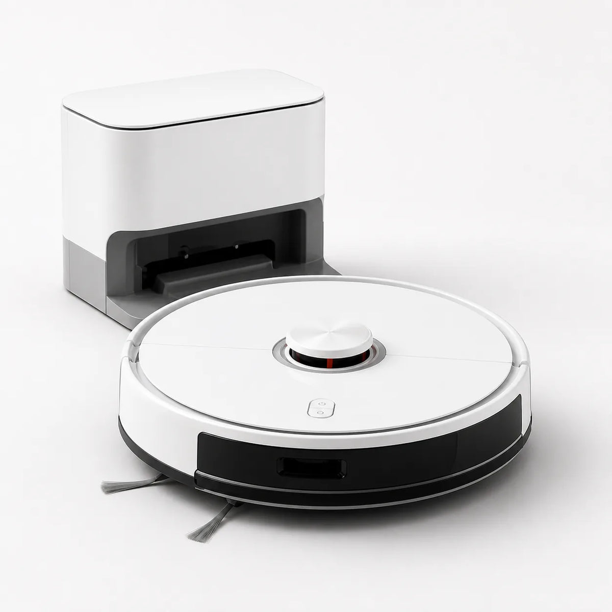 White AI robot vacuum and mop with compact automatic charging dock on a clean studio background