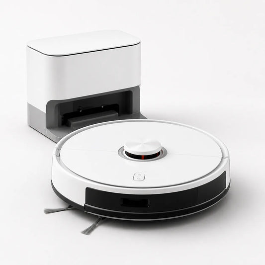 White AI robot vacuum and mop with compact automatic charging dock on a clean studio background