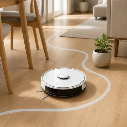 AI robot vacuum using smart navigation to move around chair legs and a floor planter