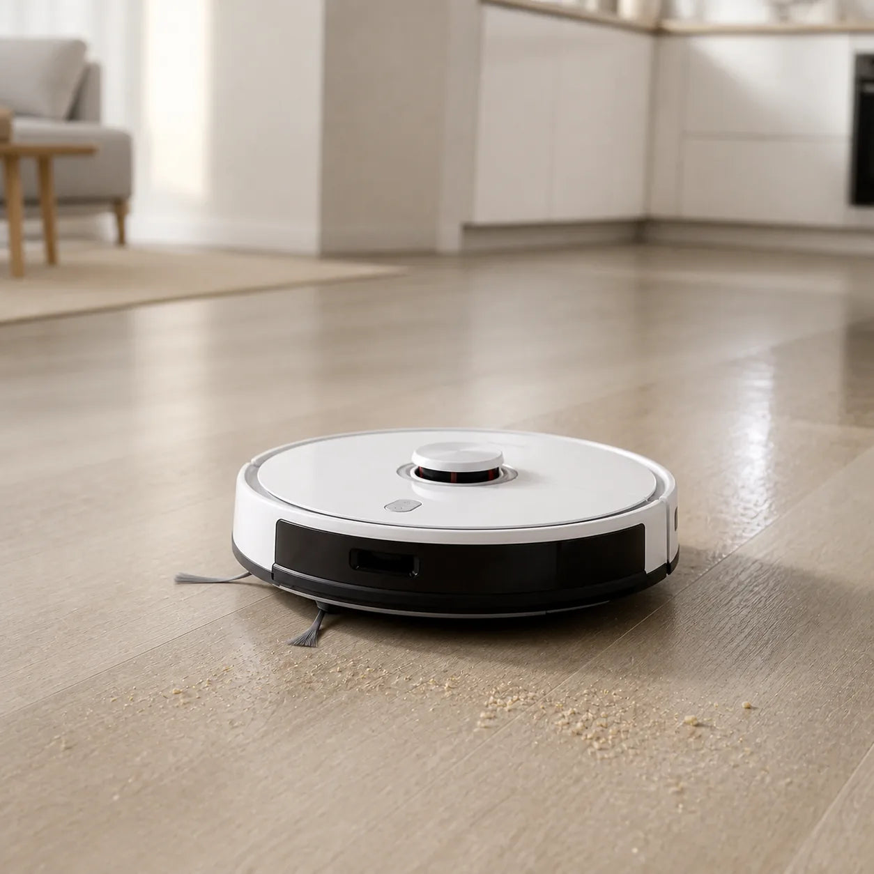 AI robot vacuum and mop collecting crumbs and leaving a clean wiped path on a hard floor