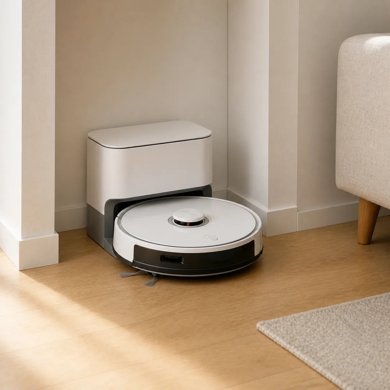 AI robot vacuum automatically returning to its compact charging dock in a modern home