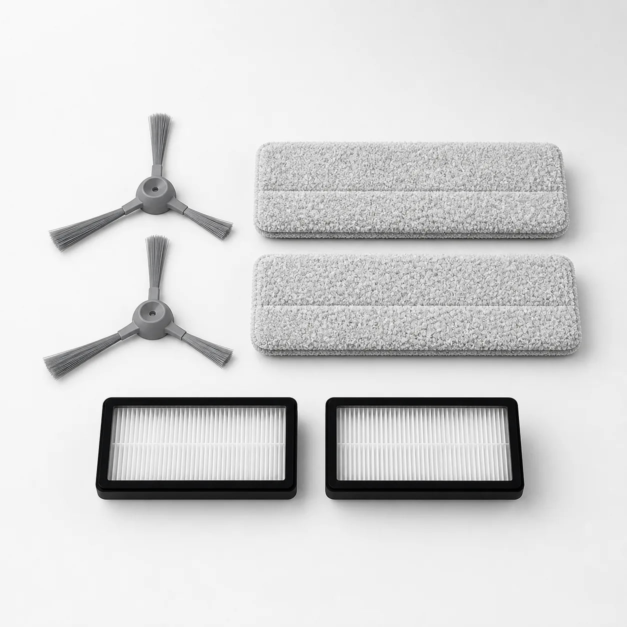 Replacement side brushes, microfiber mop pads, and pleated filters for an AI robot vacuum and mop