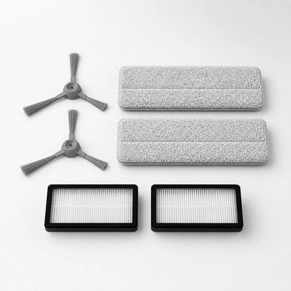 Replacement side brushes, microfiber mop pads, and pleated filters for an AI robot vacuum and mop