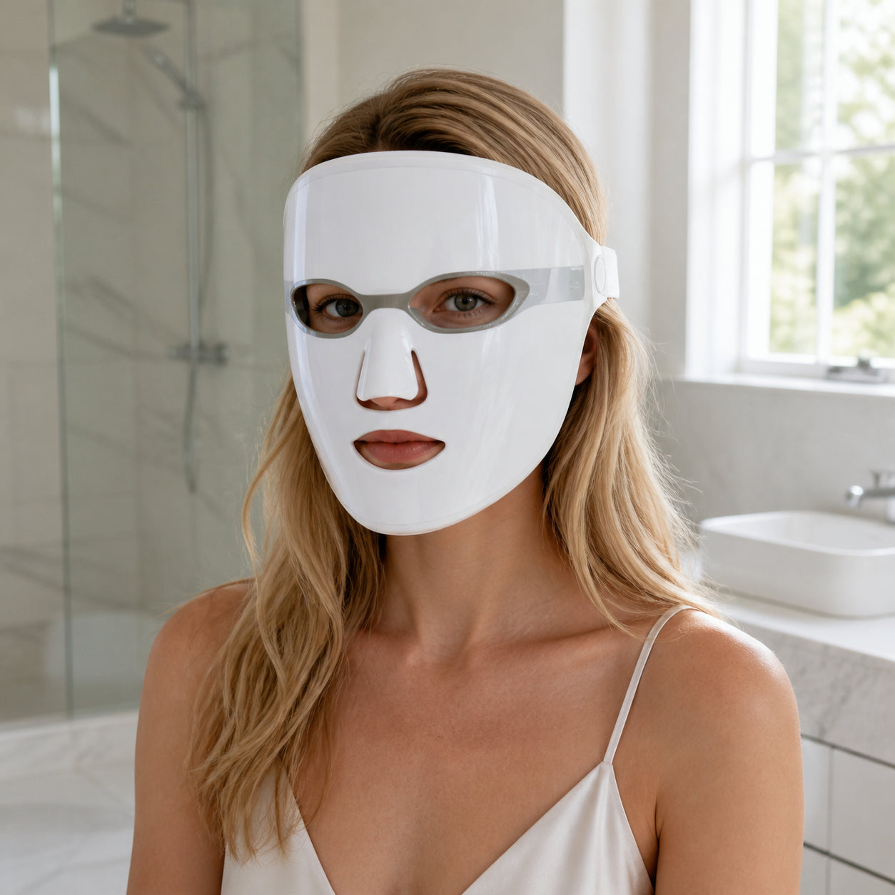 LED beauty face mask, red and blue light therapy, at-home facial skincare device