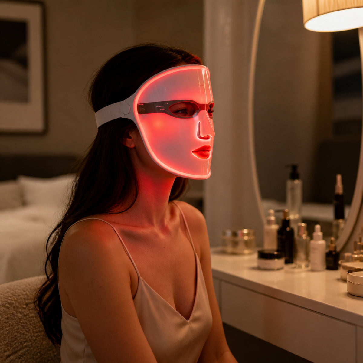 LED beauty face mask, red and blue light therapy, at-home facial skincare device