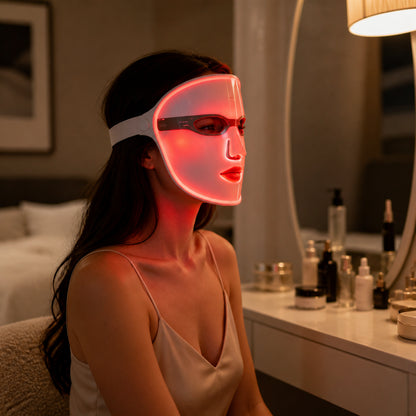 LED beauty face mask, red and blue light therapy, at-home facial skincare device