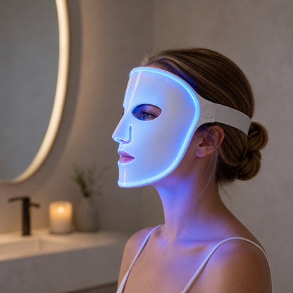 LED beauty face mask, red and blue light therapy, at-home facial skincare device