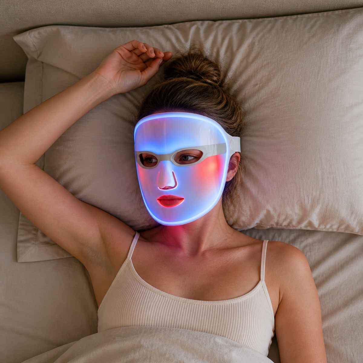 LED beauty face mask, red and blue light therapy, at-home facial skincare device