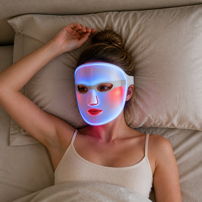 LED beauty face mask, red and blue light therapy, at-home facial skincare device