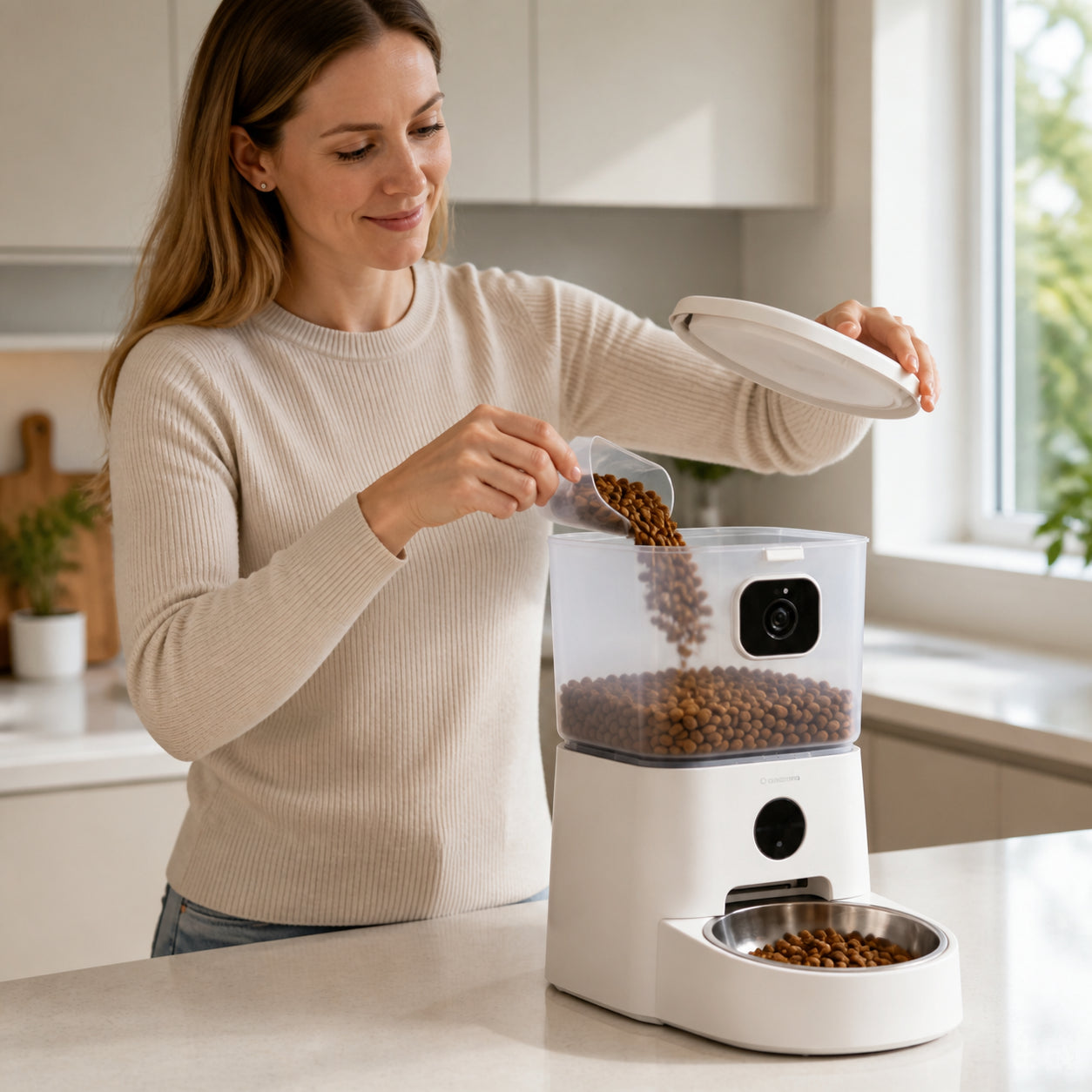 smart pet feeder with camera, remote monitoring, timed feeding, automatic feeder for dogs and cats