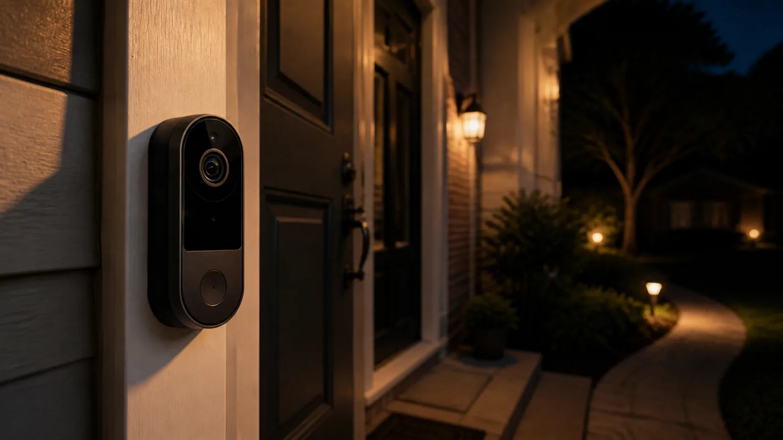 AI smart security doorbell camera installed beside a front door at night