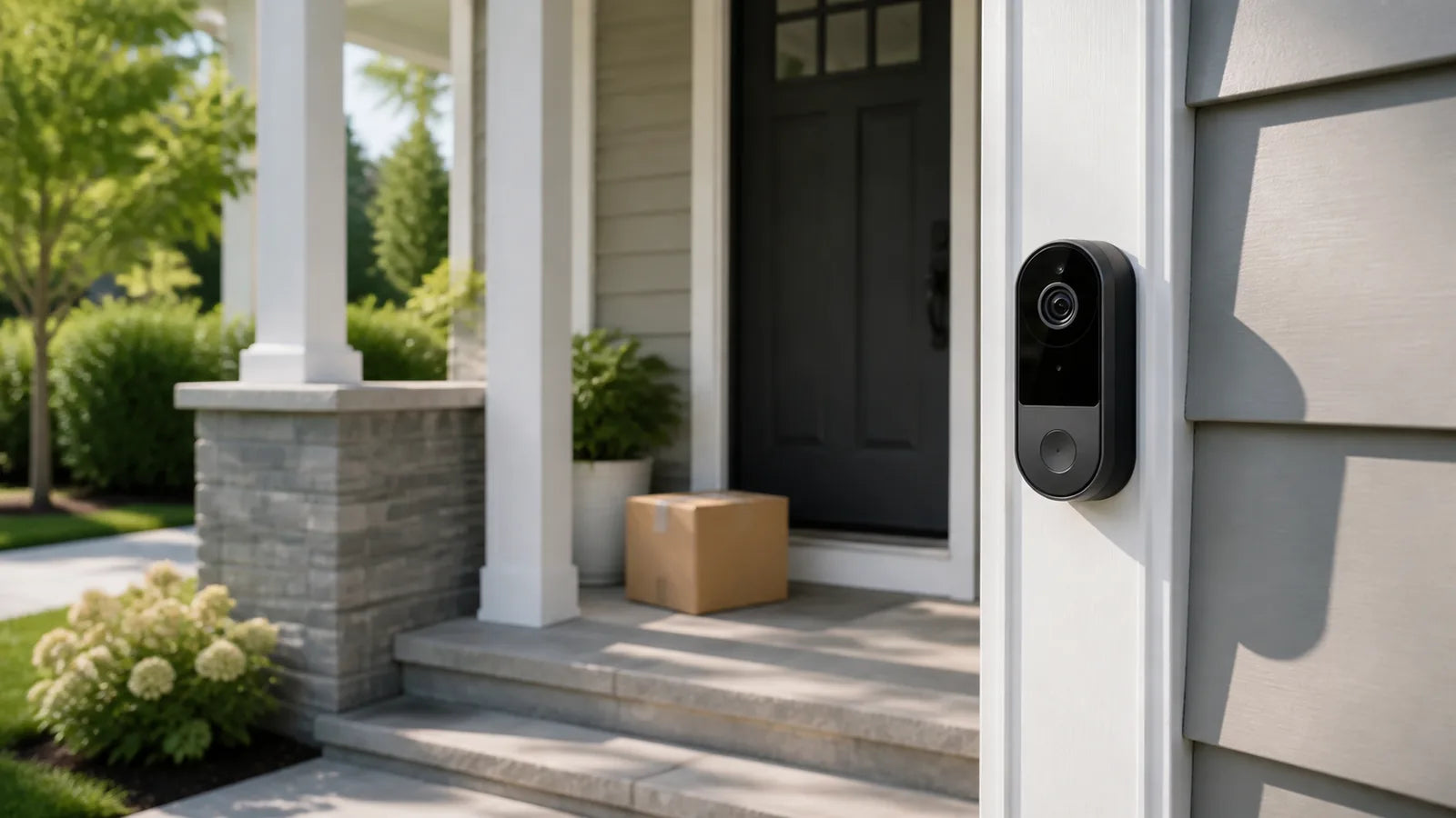 AI smart security doorbell camera overlooking a delivery package by the front door
