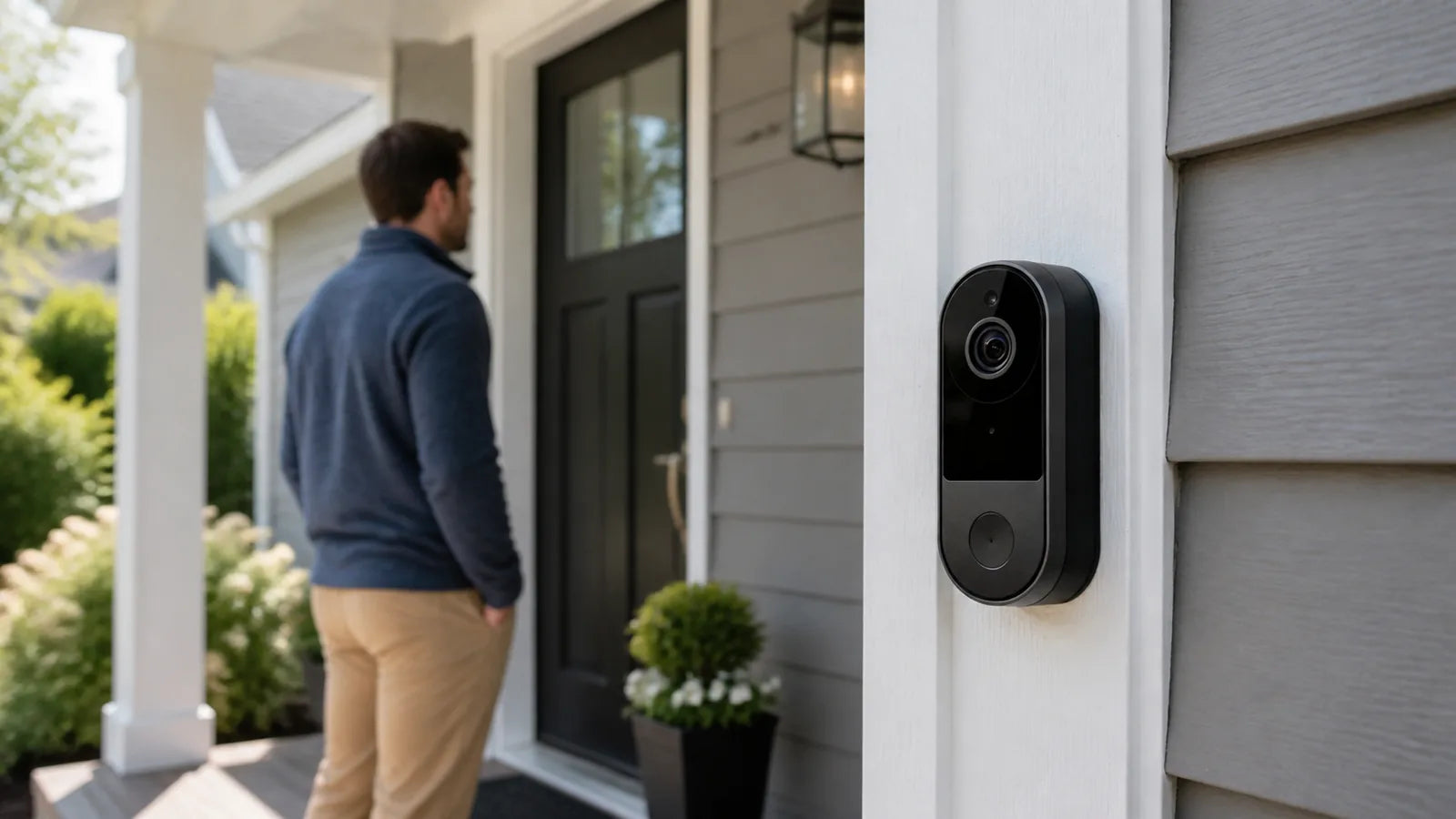 AI smart security doorbell camera viewing a visitor at a residential front door