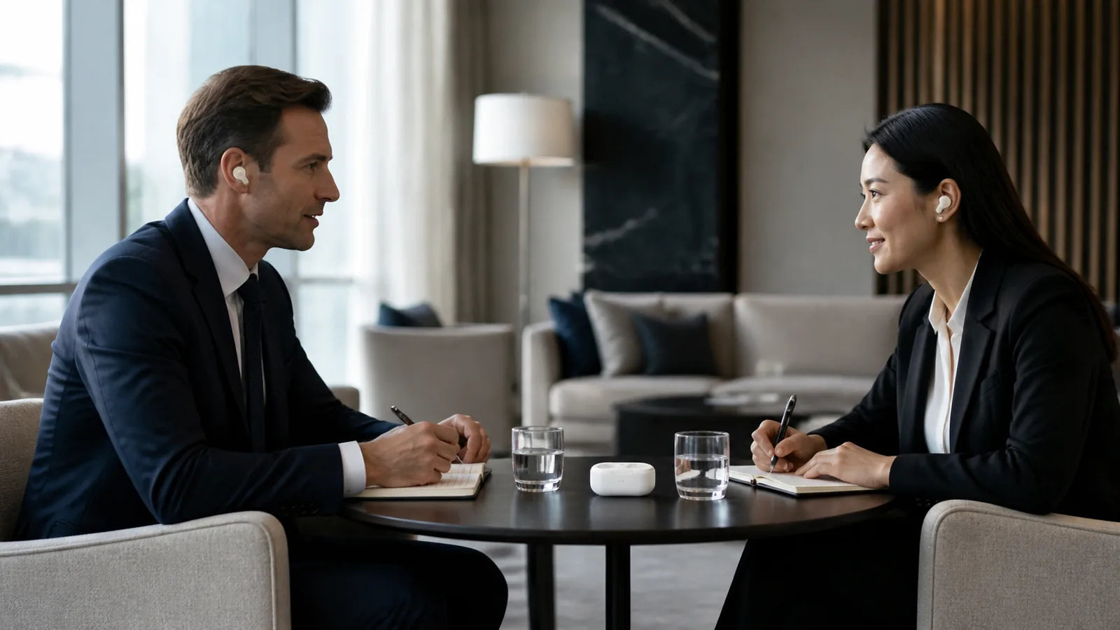 professionals using AI translation earbuds in an international business meeting