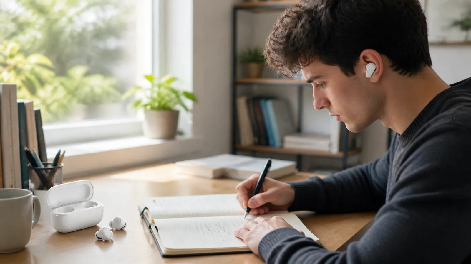 learner wearing AI translation earbuds while studying a language at home