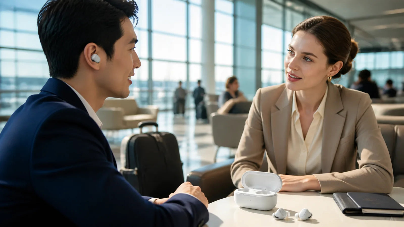 travelers using AI translation earbuds for a cross-language airport conversation