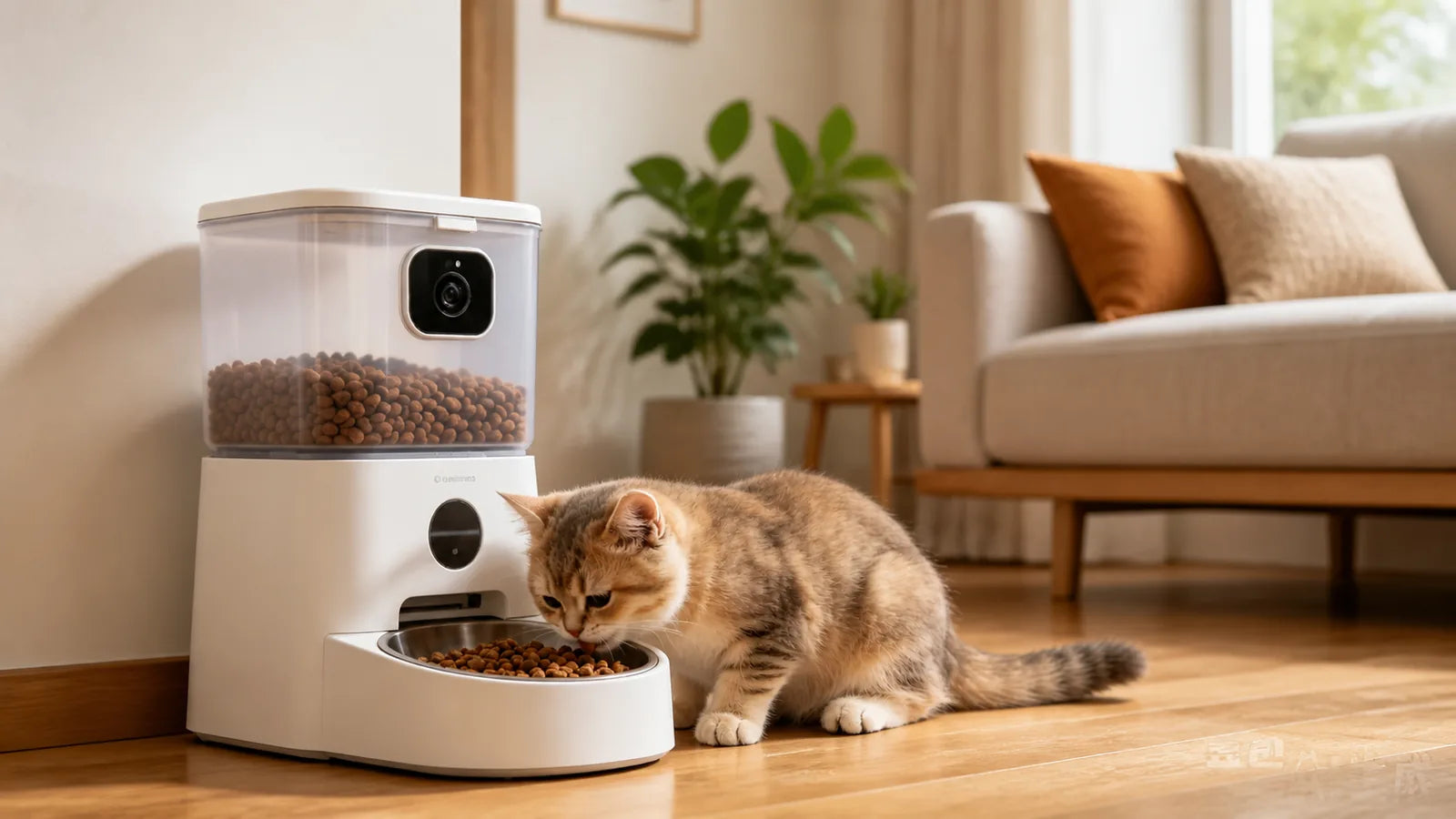 smart pet feeder with built-in camera monitoring a cat while it eats
