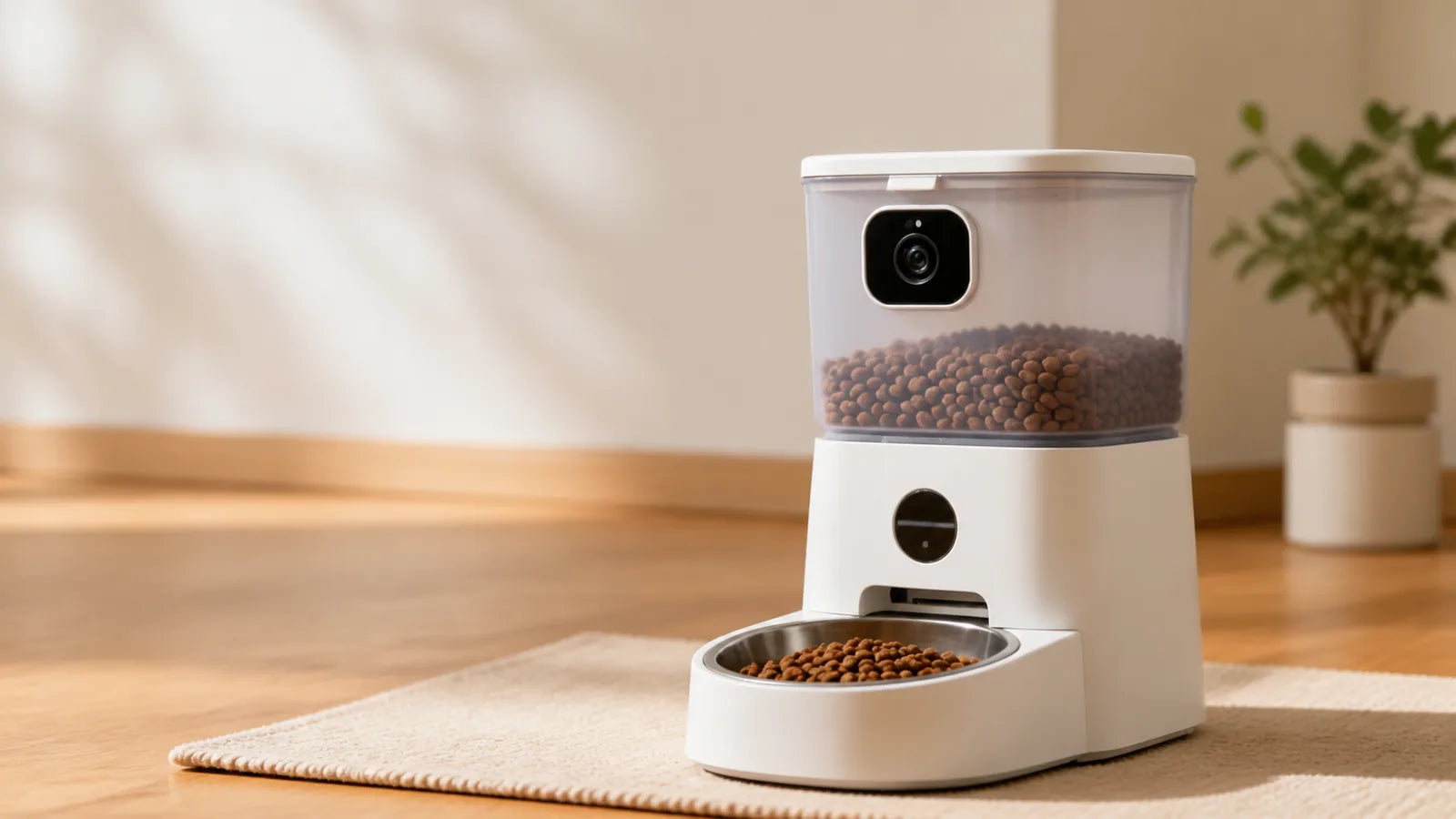 smart pet feeder with transparent food hopper and attached feeding bowl