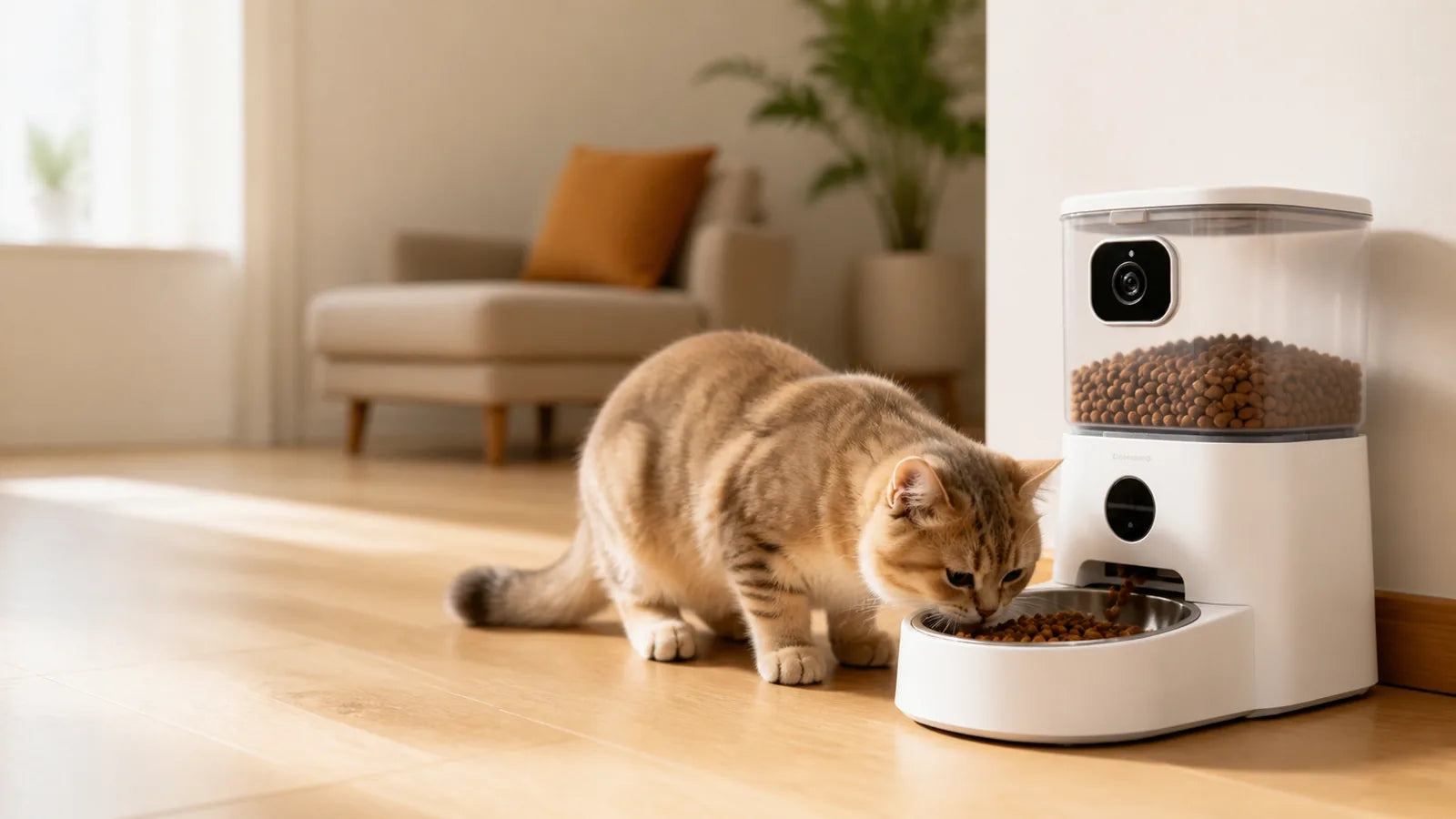 smart pet feeder dispensing dry food for a cat at mealtime