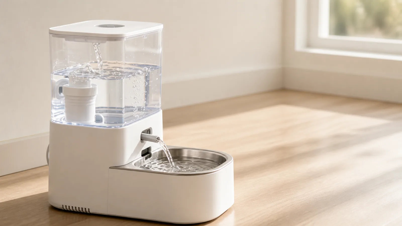 AI smart pet fountain showing clean water circulation and an internal filter