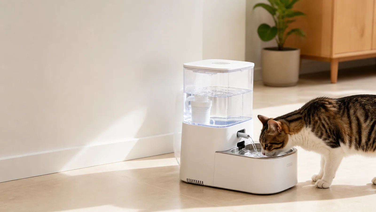 cat drinking from an AI smart pet fountain with circulating water