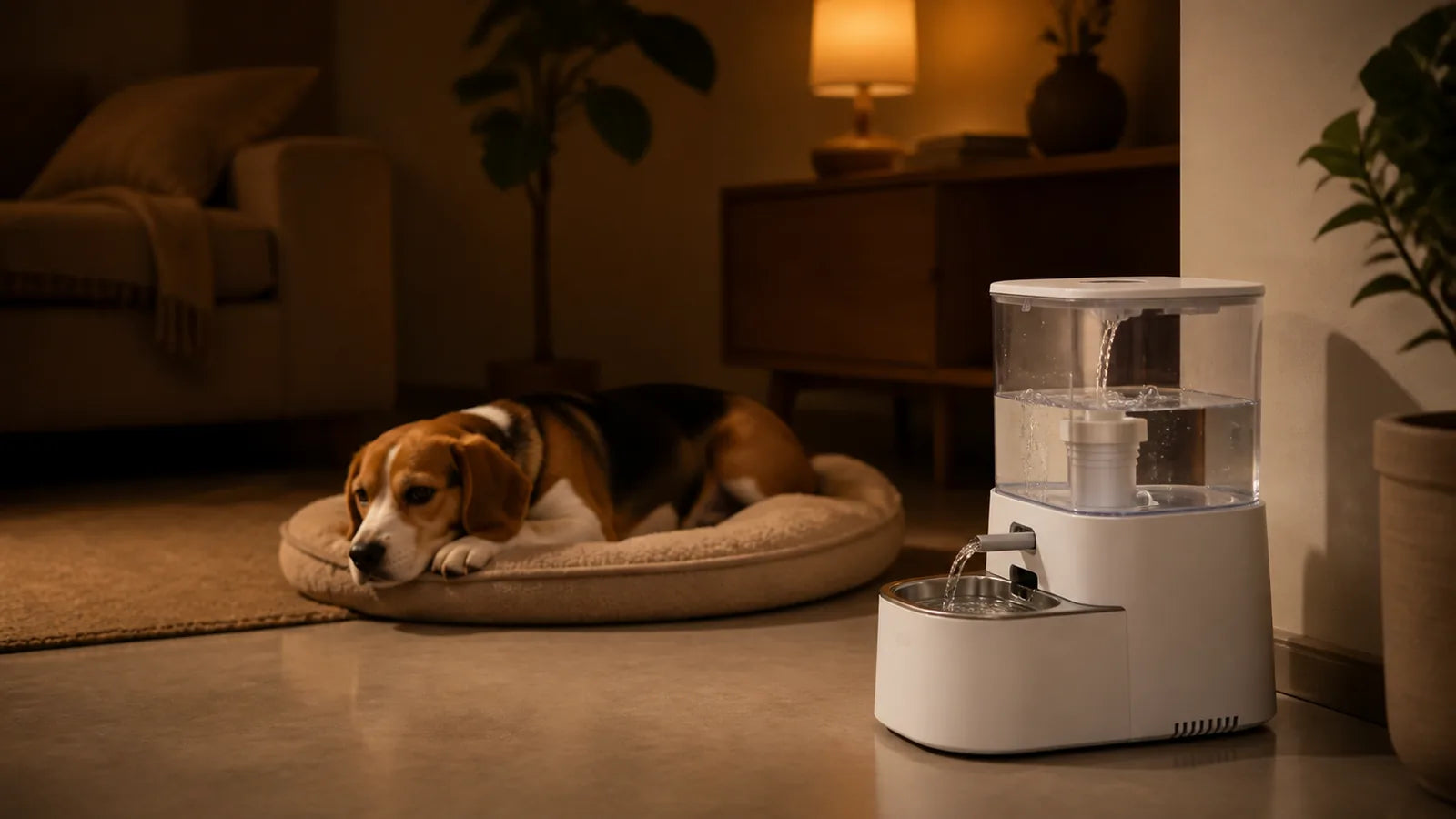 quiet AI smart pet fountain operating beside a relaxed dog in the evening