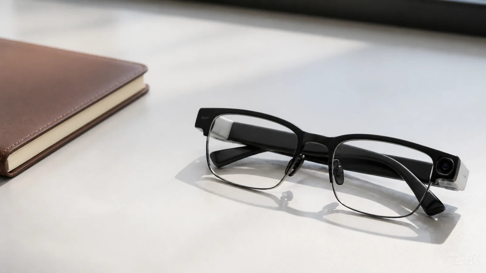 AI smart glasses folded on a desk with the integrated camera visible