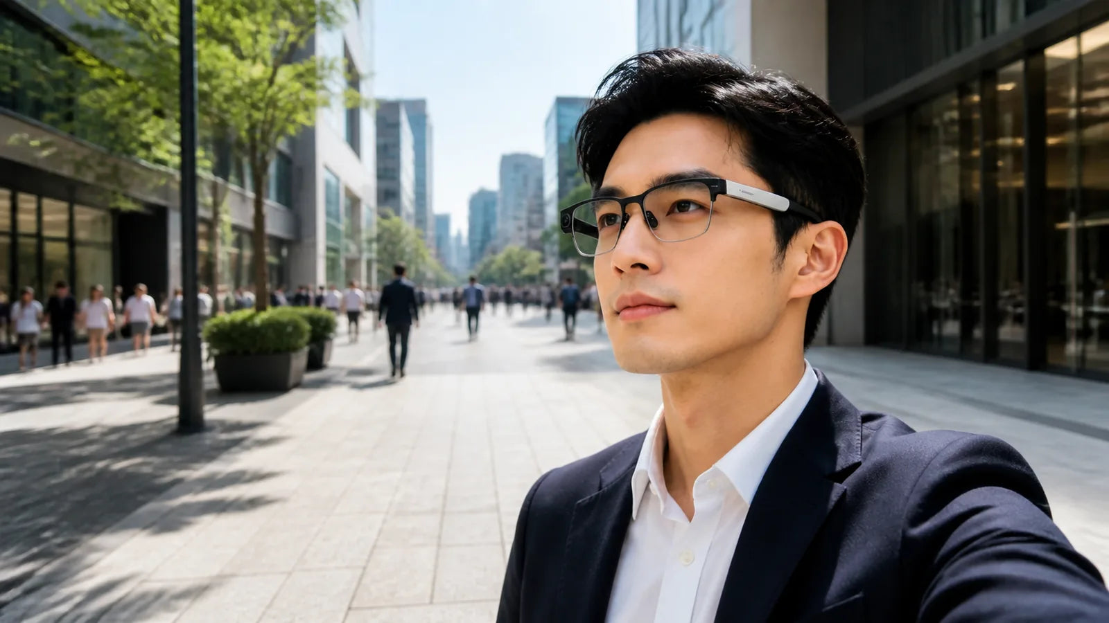 person wearing AI smart glasses for first-person capture on a city street