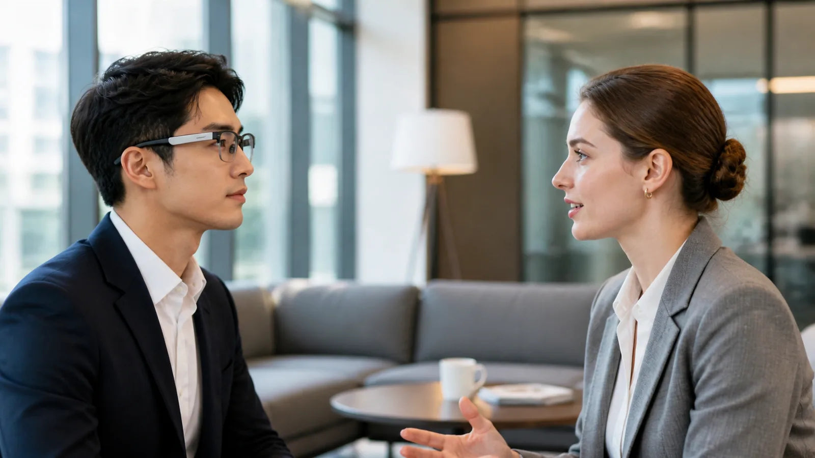 professional wearing AI smart glasses during a cross-language conversation