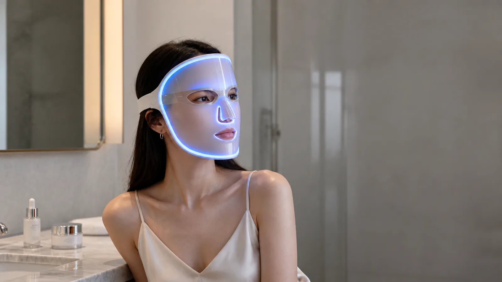 woman wearing an LED beauty mask with blue light in a clean home bathroom