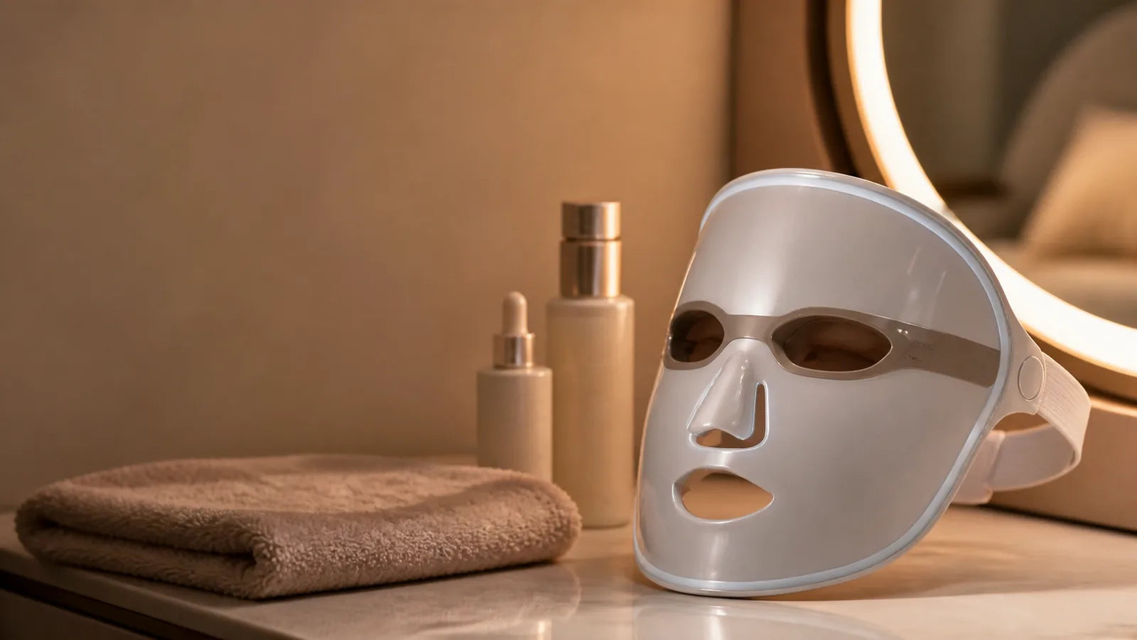 LED beauty face mask resting on a vanity beside skincare products