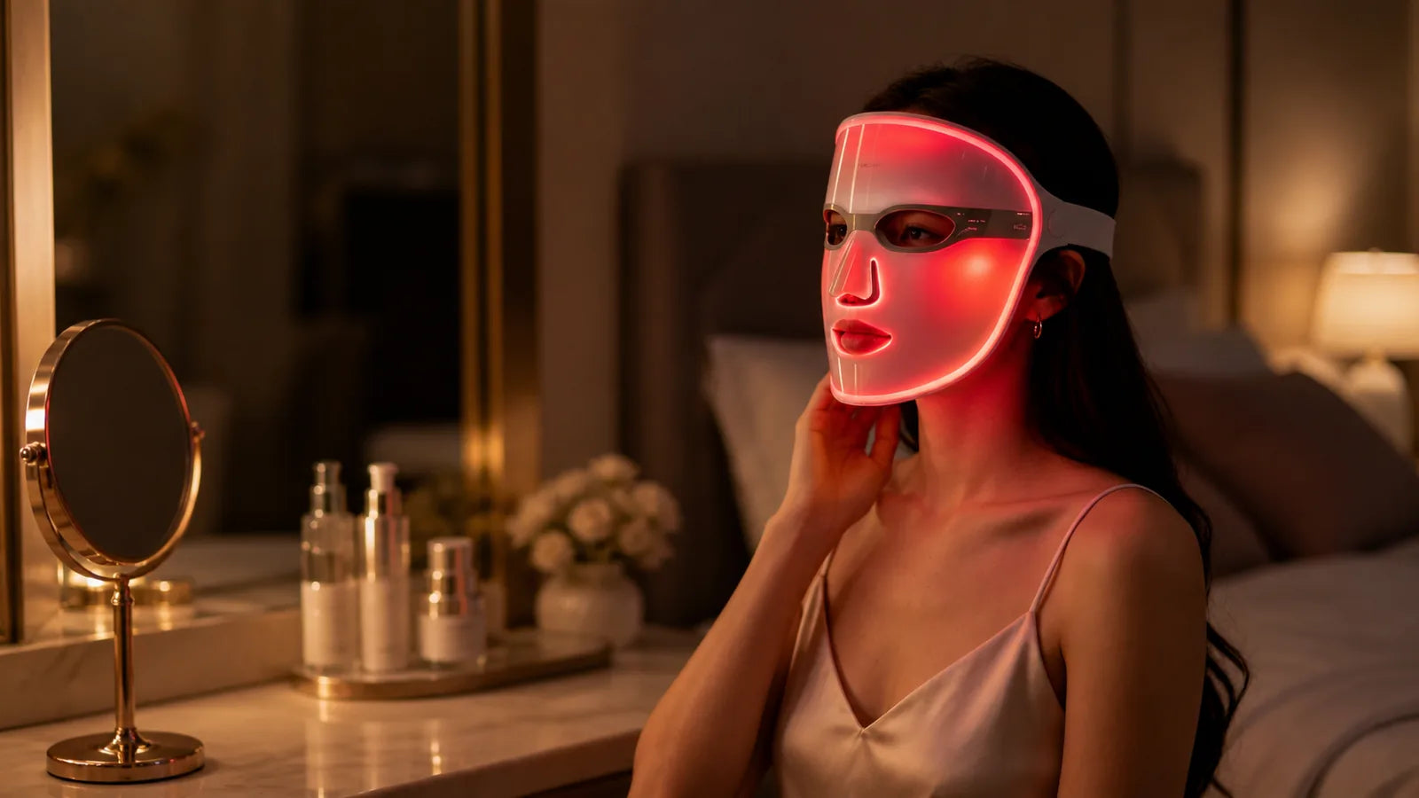 woman wearing an LED beauty mask with red light during an at-home skincare routine