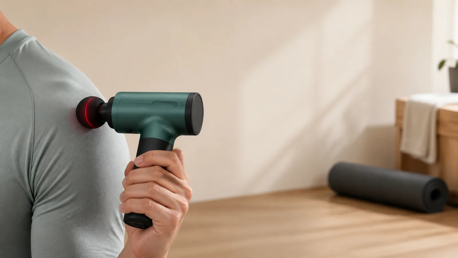 hot and cold massage gun using a warm thermal head on the shoulder