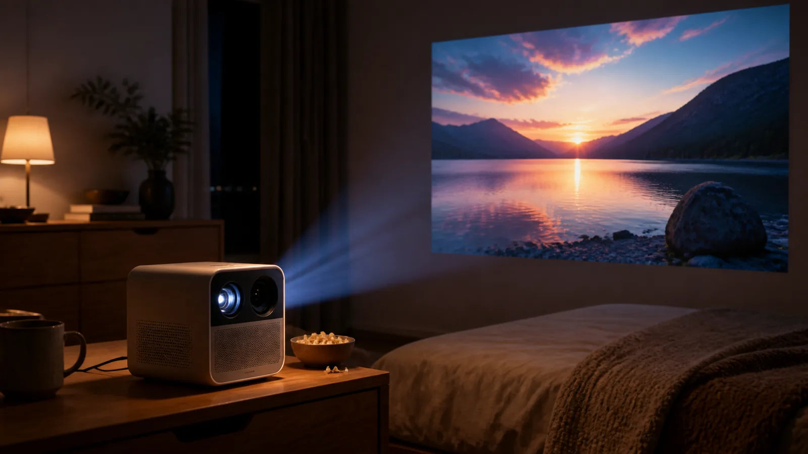 mini portable projector creating a bedroom home theater movie scene
