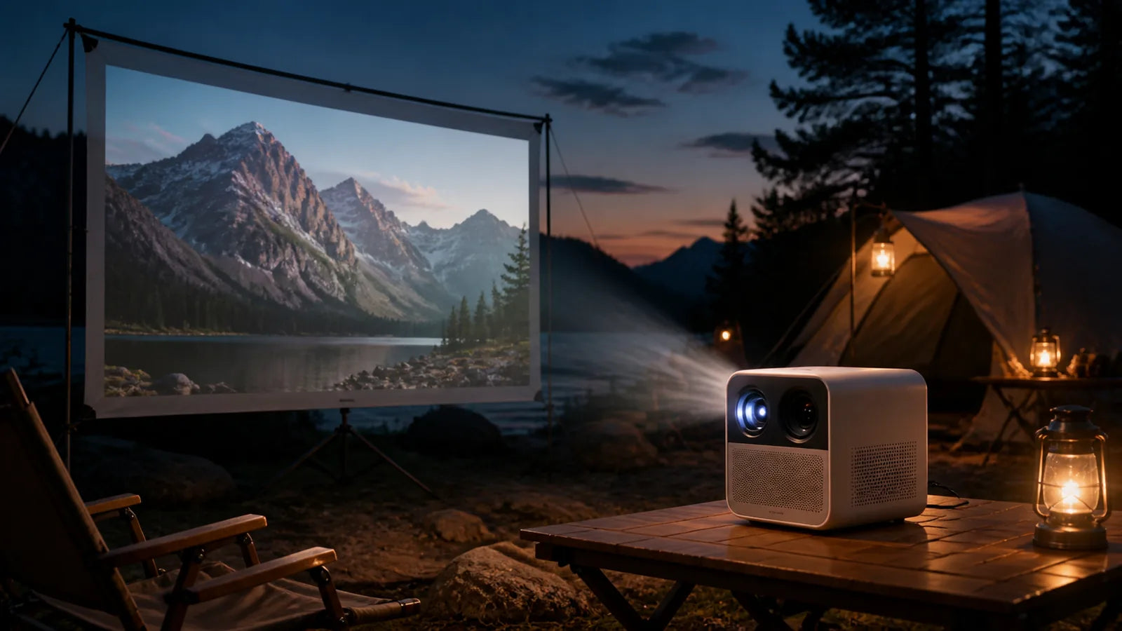 mini portable projector showing a movie on an outdoor camping screen