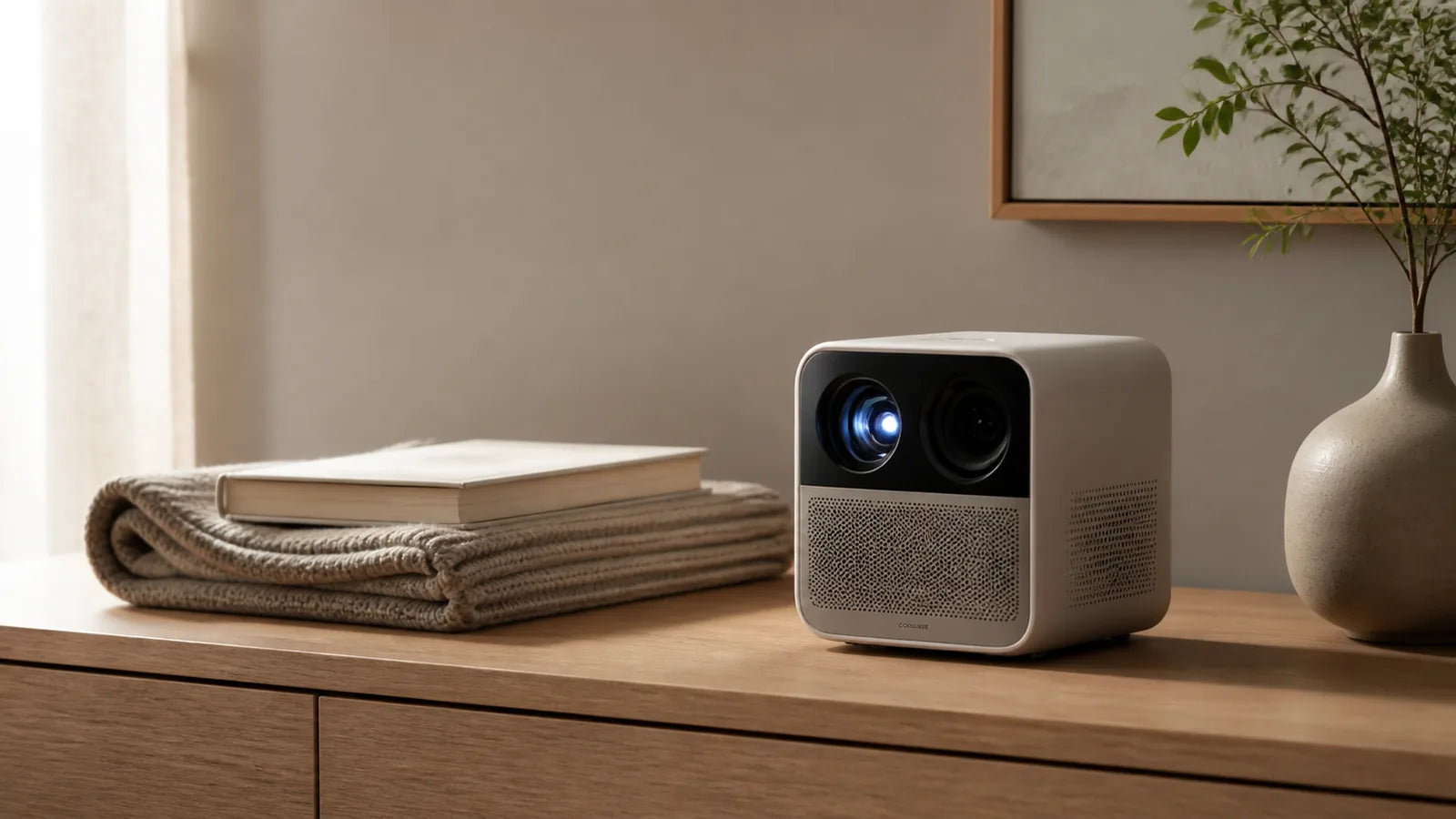 compact mini projector on a clean home entertainment shelf