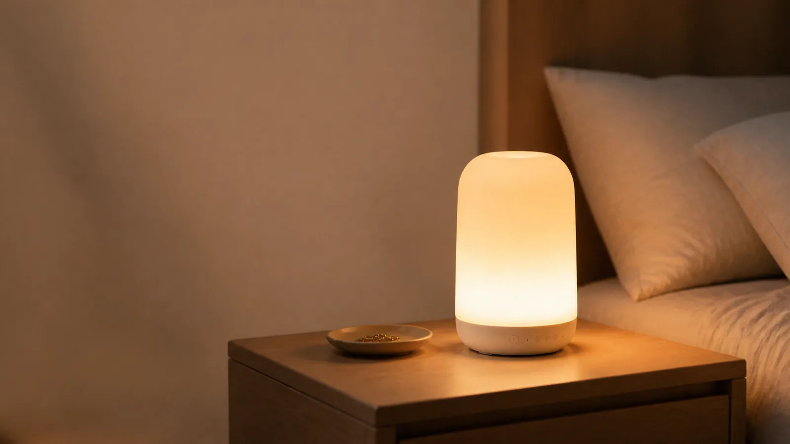 compact smart sleep light on a minimal modern bedside table