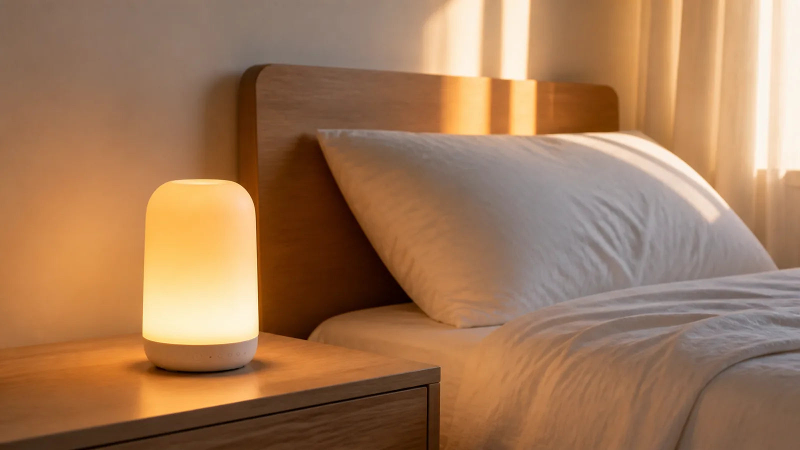 smart sleep light glowing like sunrise in an early morning bedroom