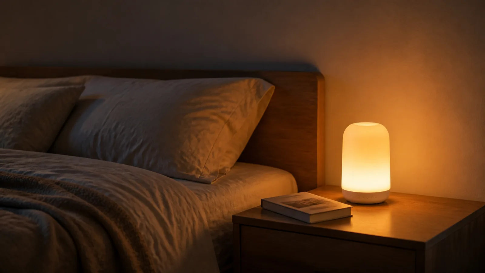 smart sleep light creating a soft warm glow beside a bed at night