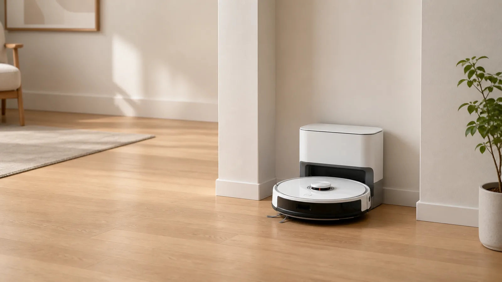 AI robot vacuum automatically returned to its compact charging dock in a modern home