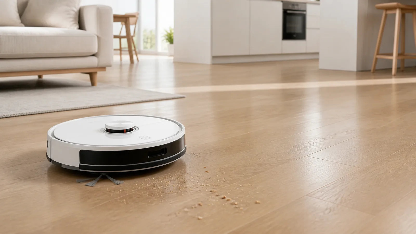 AI robot vacuum and mop collecting everyday crumbs and wiping a hard floor