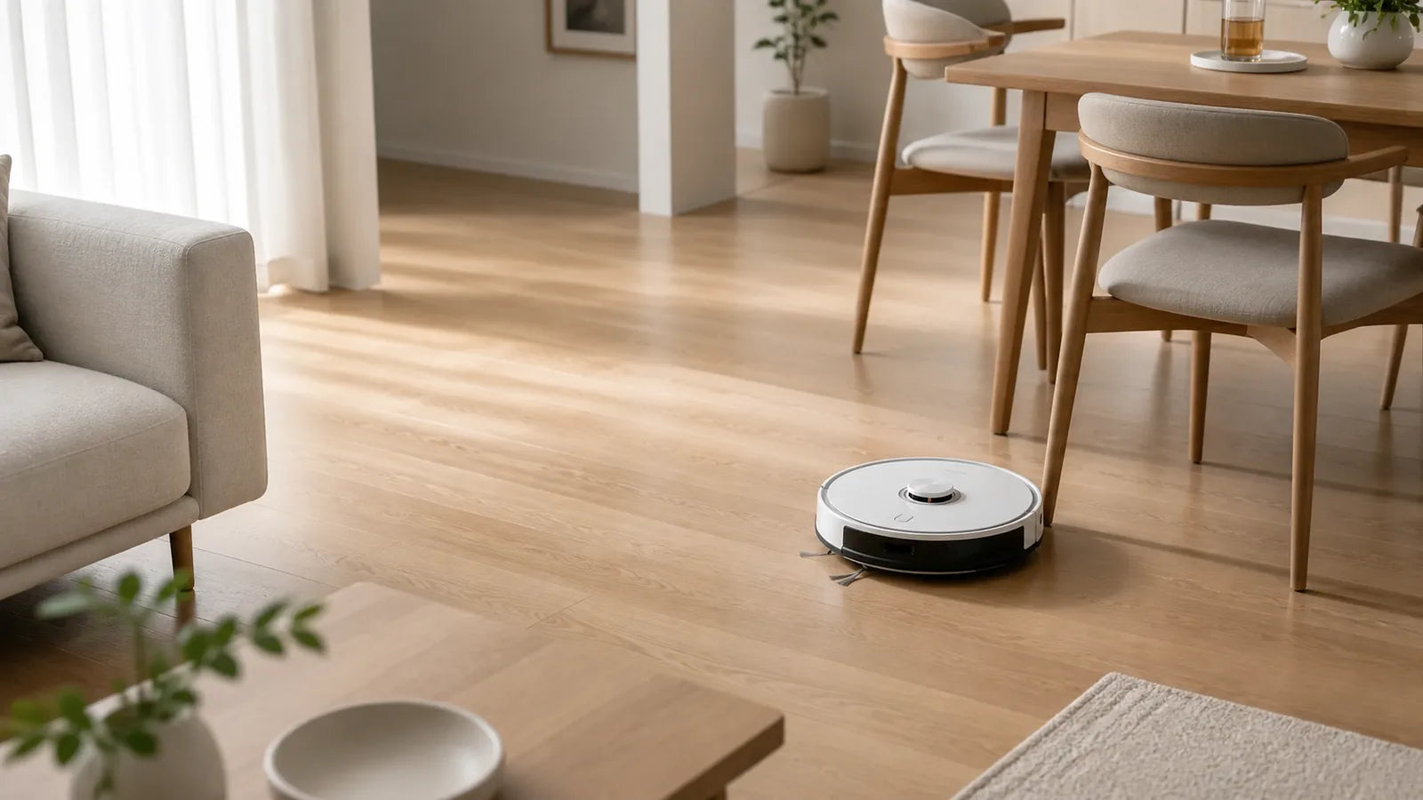 AI robot vacuum navigating through a modern furnished living and dining room
